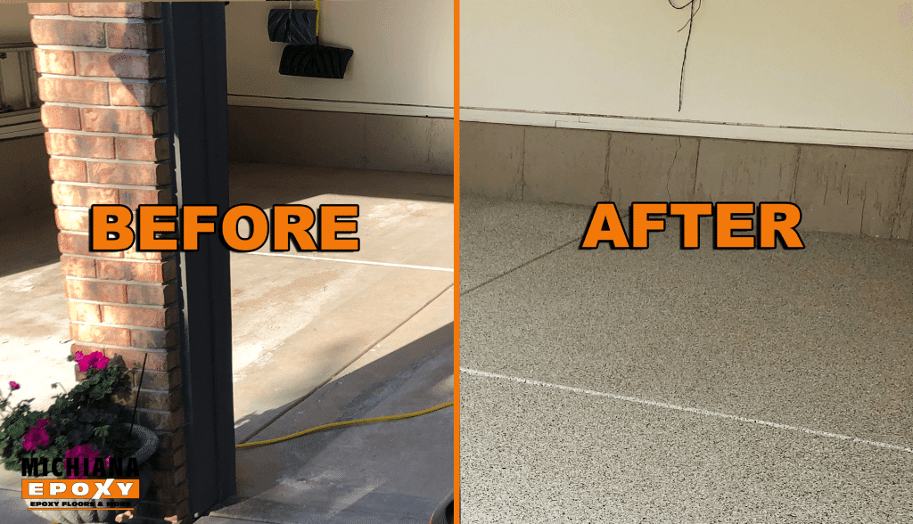 Epoxy Floor in Granger, Indiana - 2-Car Garage - Before & After photo